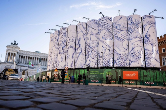 Piazza Venezia: murales sui silos del cantiere della Metro C